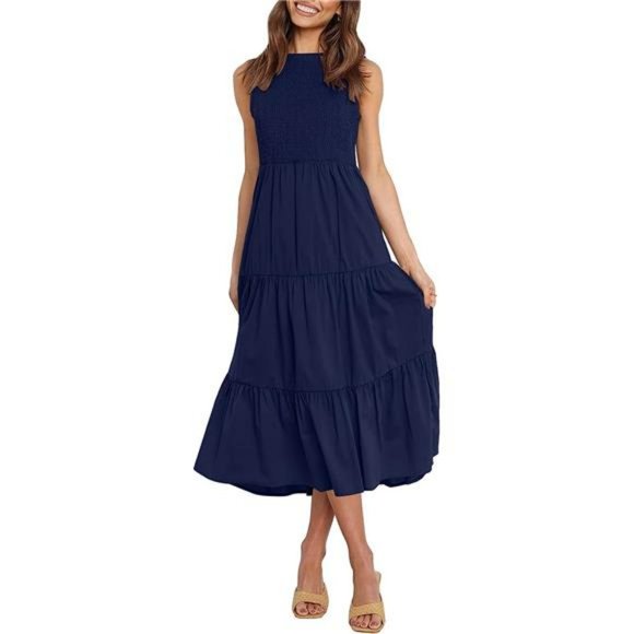 Women's Sleeveless Crew Neck Smocked High Waist Flowy Tiered A Line Midi Dress - Picture 1 of 6